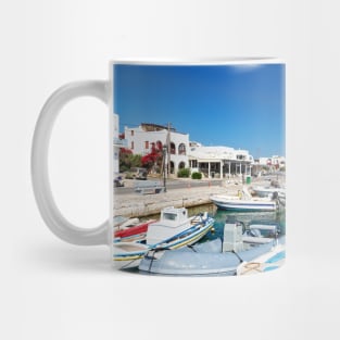 Boats at the port of Antiparos island, Greece Mug